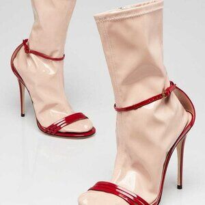 Gucci Red/Beige Patent Leather/Latex Sock Sandal Heels Size 7.5/38